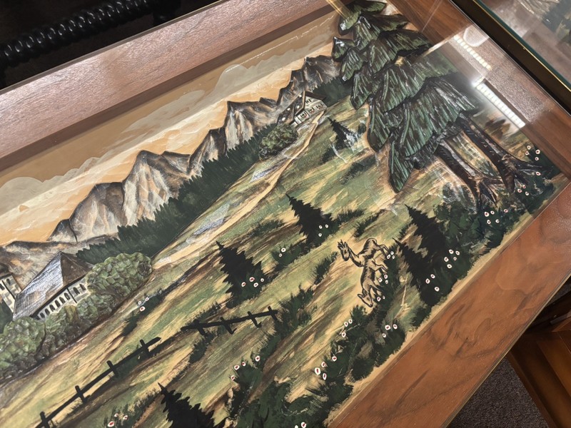 Mid-Century Modern Coffee Table w/ Black Forest Wood Carving Landscape Scene