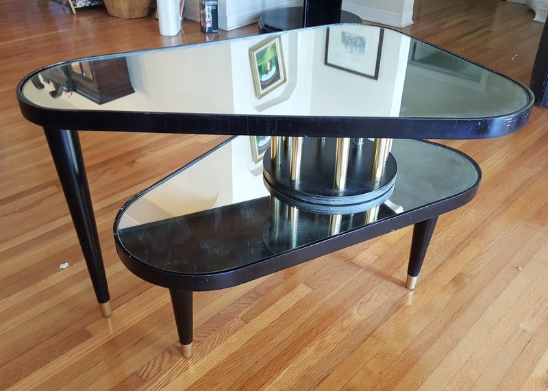 VINTAGE ANTARES TRIANGULAR EBONIZED LACQUERED MIRROR TOP SWIVEL SIDE TABLE