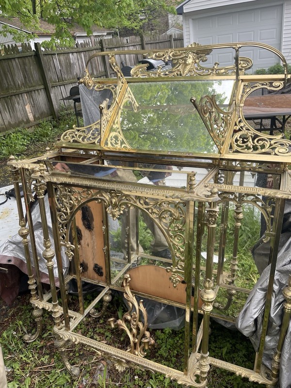 Victorian Antique Brass Console Table with Mirror, Carvings, Glass Shelves gallery