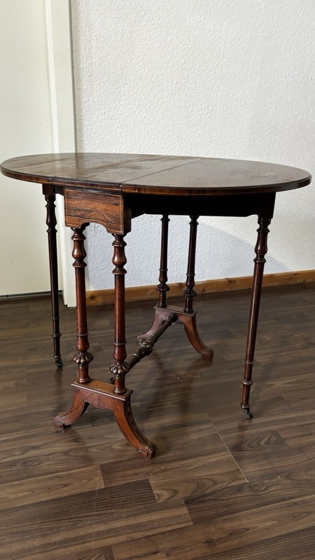 Antique Wooden Drop Leaf Oval Table with Ornate Legs, Inlay Detail, Brown