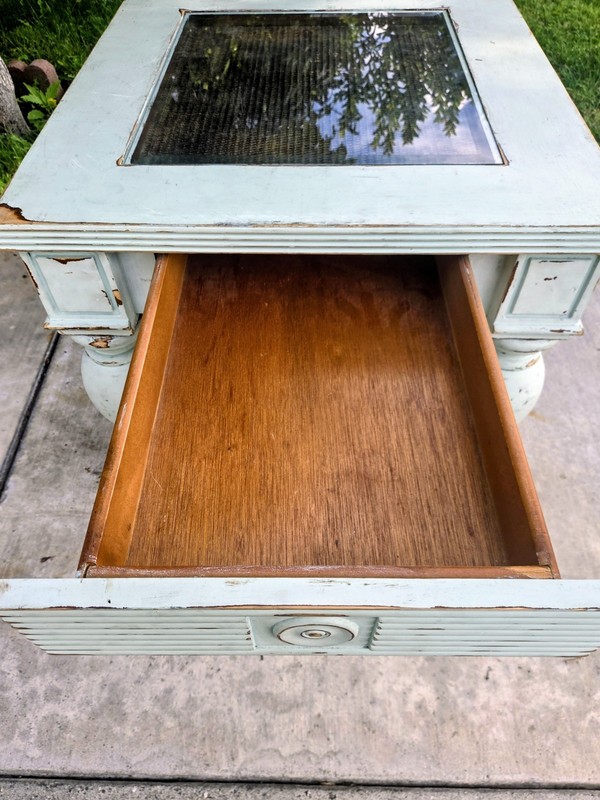 Vintage Rustic Style Chic Light Blue Side Table W/Glass Top gallery