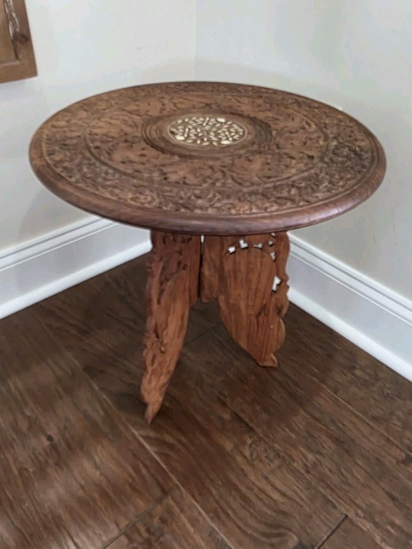 Antique Wood Engraved Round Accent Table Anglo-Indian Fold Away Side Vintage gallery