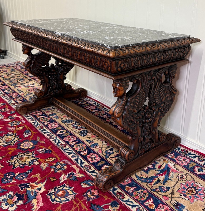 Antique French Coffee Table Bench Window Seat Marble Top Oak Renaissance Revival