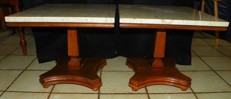Pair Solid Cherry Mid Century Pedestal End Tables with Marble Tops (PT26) gallery