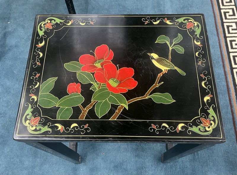 VTG Ming Dynasty Black Lacquer Asian Nesting Tables (3) w/ Bird & Floral Motif gallery
