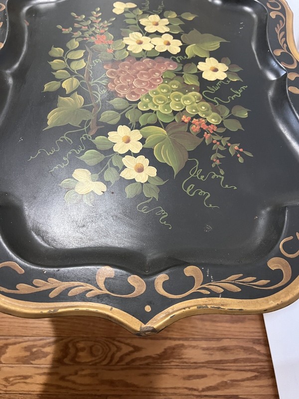 Antique Hand Painted Tole Tray On Folding Table Base gallery