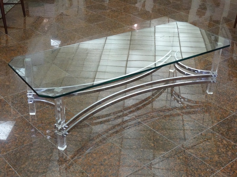 VINTAGE 70’s MODERNIST CHARLES HOLLIS JONES CHROME LUCITE GLASS TOP COFFEE TABLE