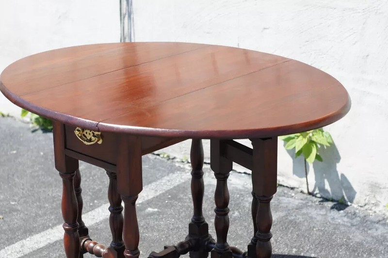 19th C English Jacobean Walnut Drop Leaf Table, Foldable Dining Side Table gallery