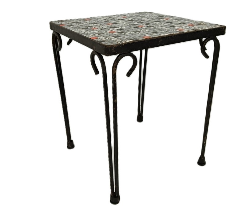 Small Side Table Plant stand Mosaic tiles Checkered pattern Wrought Iron vintage gallery