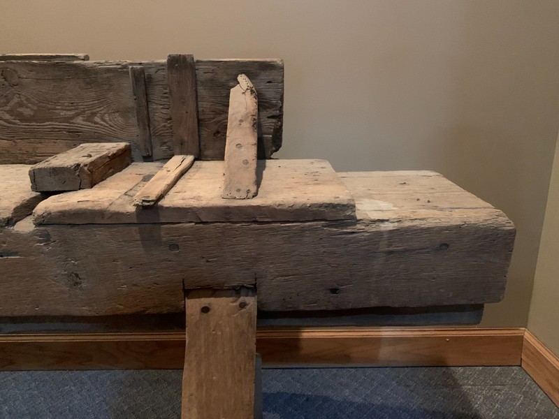 Antique Primitive Nursery Sorting/Tying Bench – 6ft Hewn Timber, Trestle Base gallery