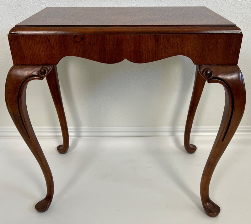 Vintage Walnut & Burl Banded Regency Style Side Table with Pull-Out Tray gallery