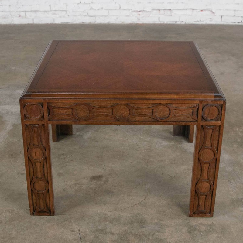 Vintage Modern Square Lane End or Side Table Carved Leg Design & Chevron Veneer gallery