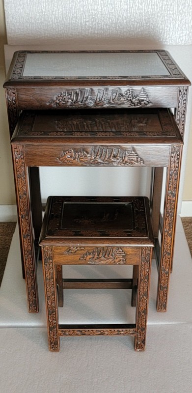 VINTAGE ASIAN HANDCARVED WOODEN S 3 NESTING TABLES 25x20x14 22x17x13 16x11x9 gallery