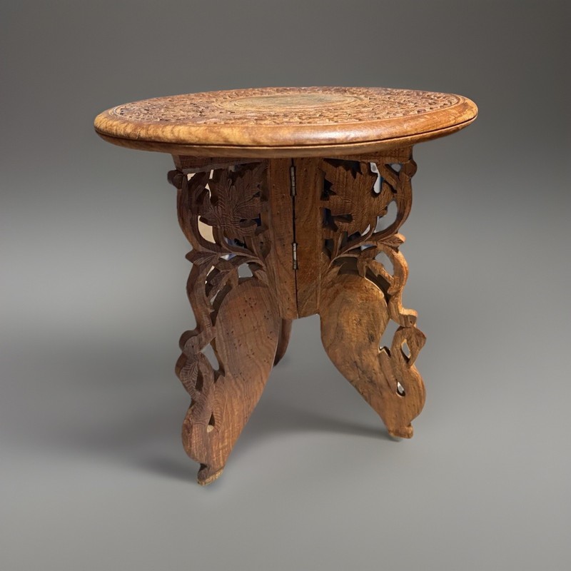 VTG Hand Carved Floral Folding side table Plant Stand Pedestal Inlay Swan Legs gallery