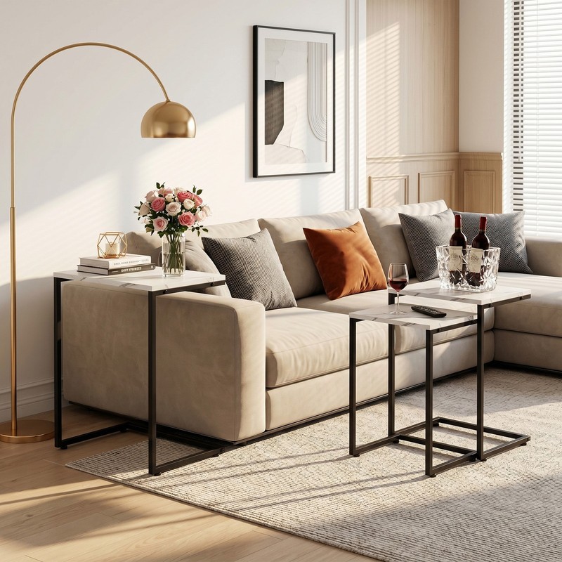 Nesting Coffee Table Set of 3 Industrial Stacking Accent End Side Tables White gallery