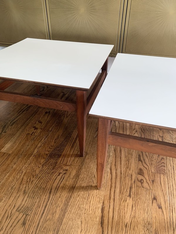 Vintage Mid Century Walnut Base Laminate Top Low Side Tables - a Pair gallery