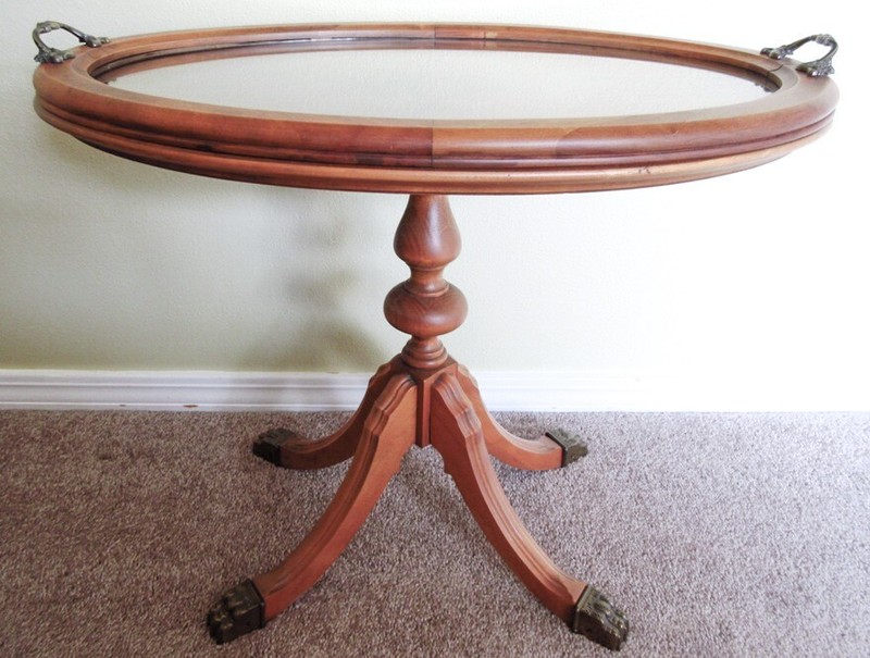 Antique Oval Tray Table Brass Claw Feet, 16×23 Wood & Glass Removable Tray