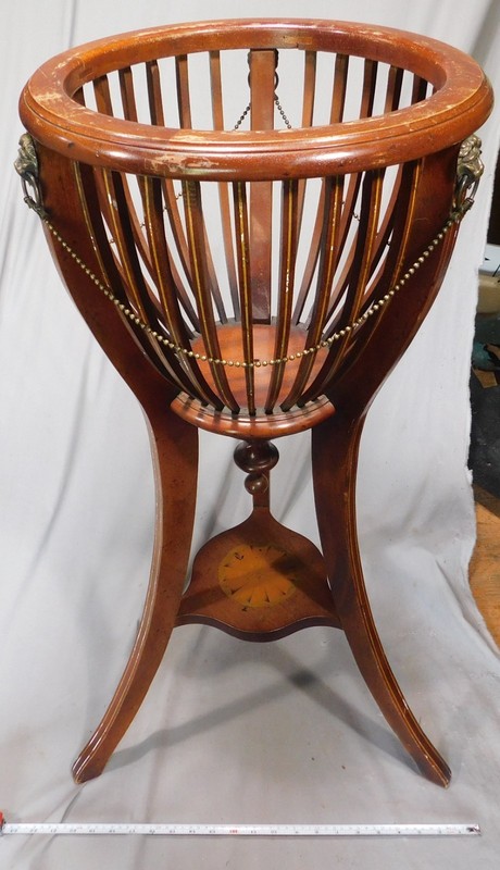 Antique Victorian Mahogany Jardiniere Stand Brass Lion Heads Inlaid tripod c1890 gallery