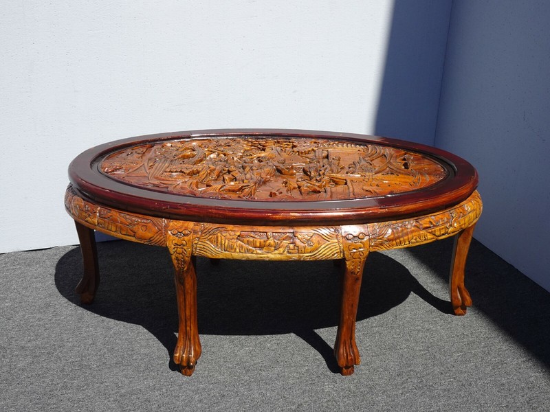 Vintage Chinese Asian Ornately Carved Golden Brown Coffee Table w Four Stools gallery