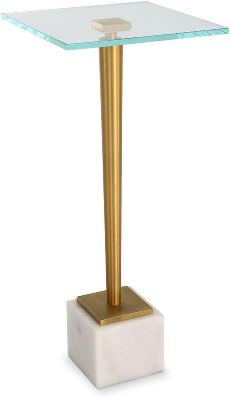 Miri Brass Accent Table with Tempered Glass Top and Marble Base – 25″ H