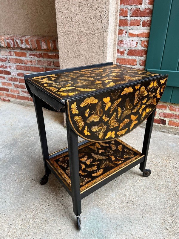 Vintage English Bar Cart Trolley Drop Leaf Chinoiserie Butterfly Lacquer Table gallery