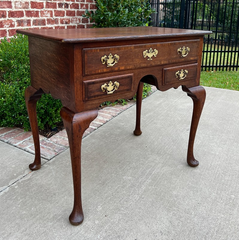 Antique English Georgian Table Small Desk Nightstand Lowboy 3 Drawers Tiger Oak gallery