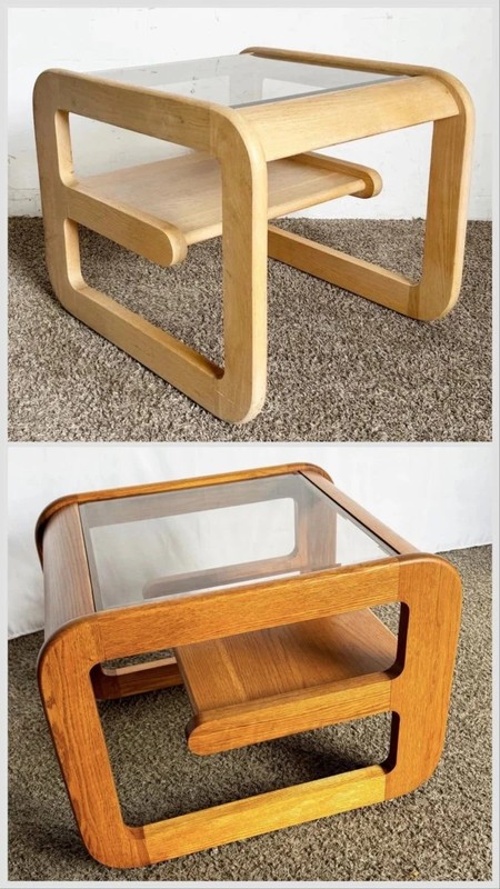 Mid Century Modern Oak Side Tables With Smoked Glass Top by Lou Hodges – A Pair