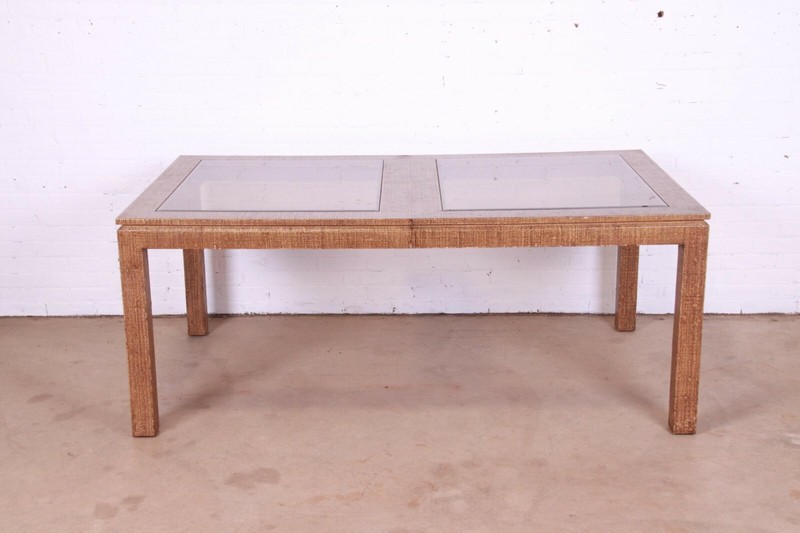 Karl Springer Attributed Mid-Century Lacquered Grasscloth Extension Dining Table gallery