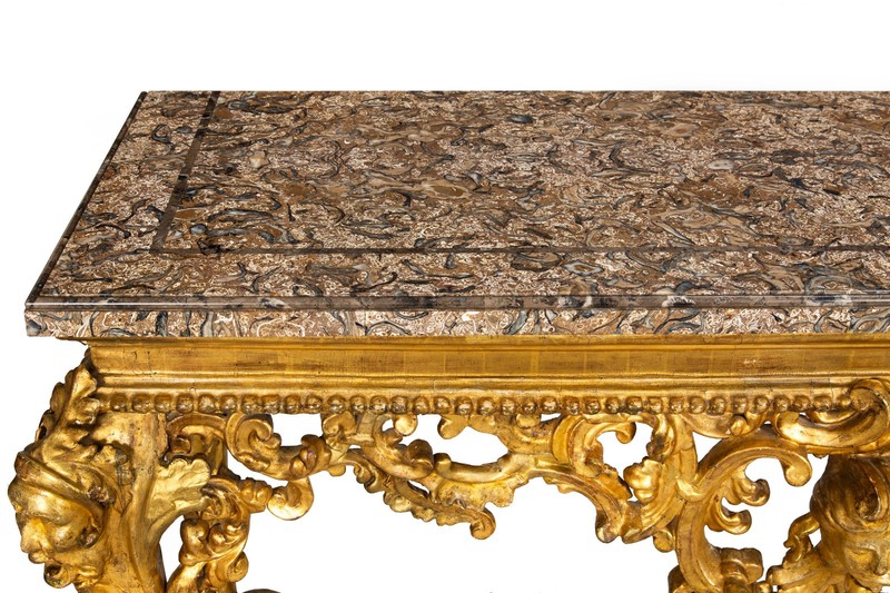 Rare Italian Rococo Giltwood Fossilized Marble Console Table ca. 1750 gallery