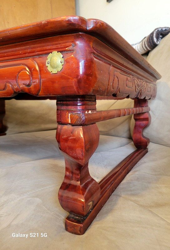 ASIAN KOREAN LOW PROFILE FOLDING LEGS CARVED WOODEN WOOD COFFEE TEA TABLE ANTIQE gallery