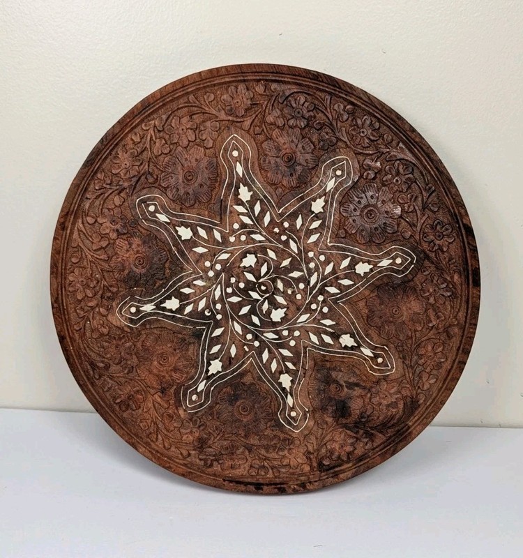 Vintage Wooden Round Table Top Hand Carved Mother Of Pearl Inlay (Top Only) gallery