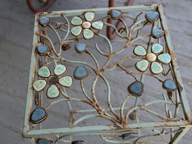 Vintage Distressed Metal End Side Tables two floral flower design teal plant sta gallery