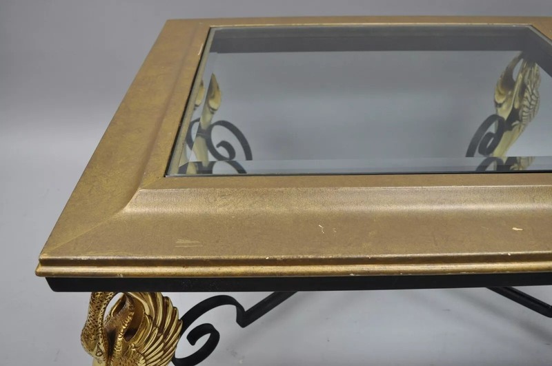 Regency Style Figural Swan Base Rectangular Iron and Glass Gold Coffee Table (A) gallery