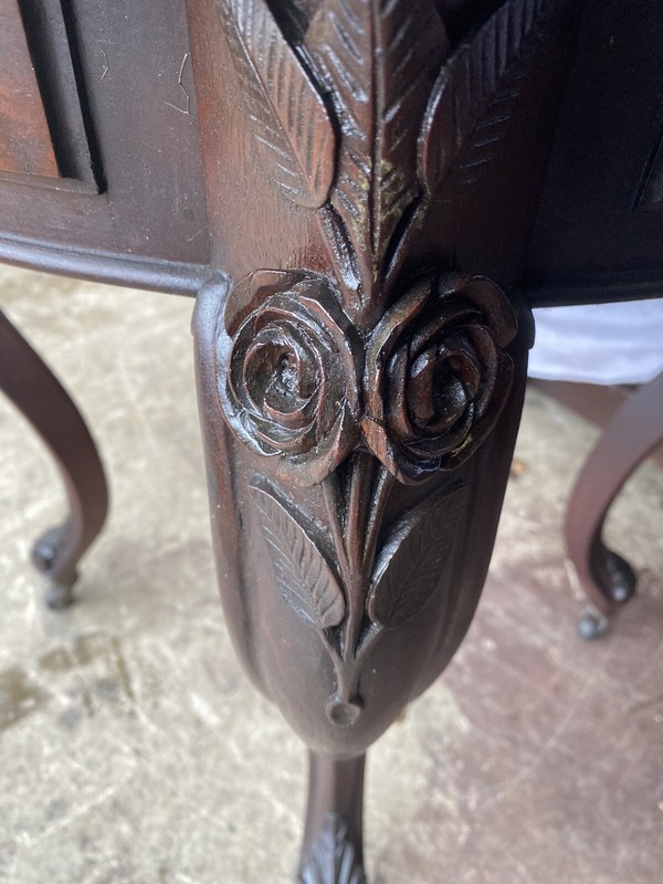 CARVED WALNUT MARBLE INLAID TABLE gallery