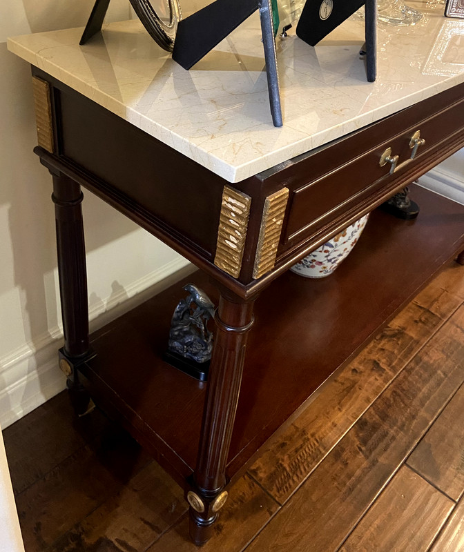Vintage Wood Console Table with Marble Top, Gold Leaf Paint and Brass Accents gallery