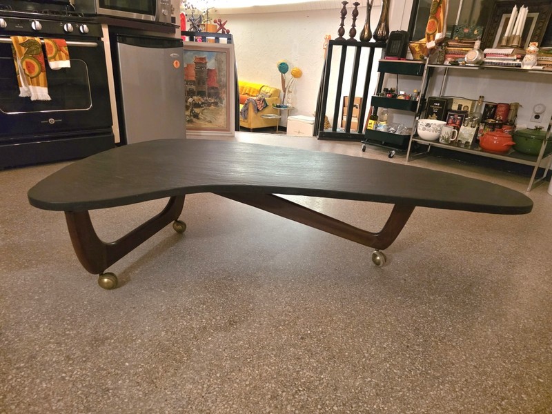 Mid-Century Modern Heavy Slate Boomerang Kidney Coffee Table w/ Brass Casters