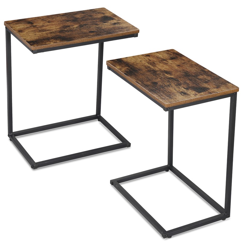 2PCS Rectangle Wood Top C-Shaped Side End Table with Metal Frame for Living Room
