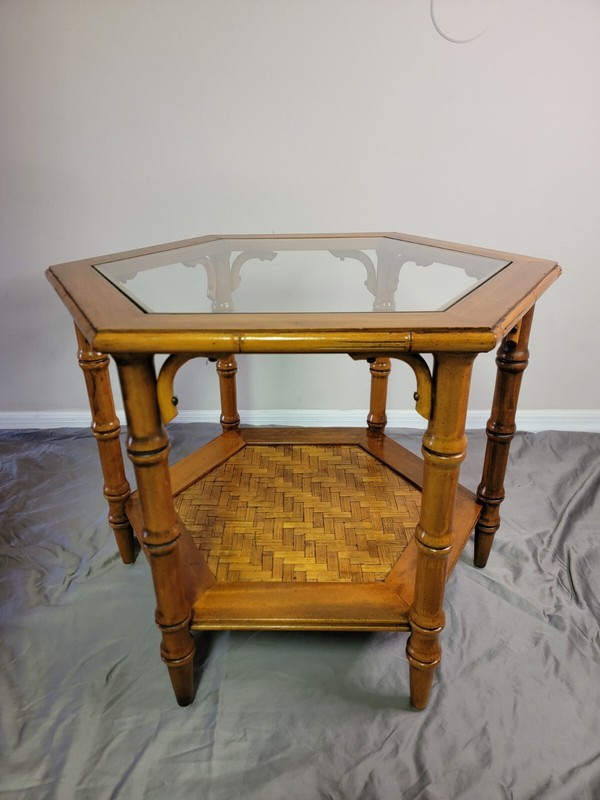 Vintage Mid-Century Hexagonal Coffee/Side Table, Glass-Top, Faux Bamboo/Rattan gallery