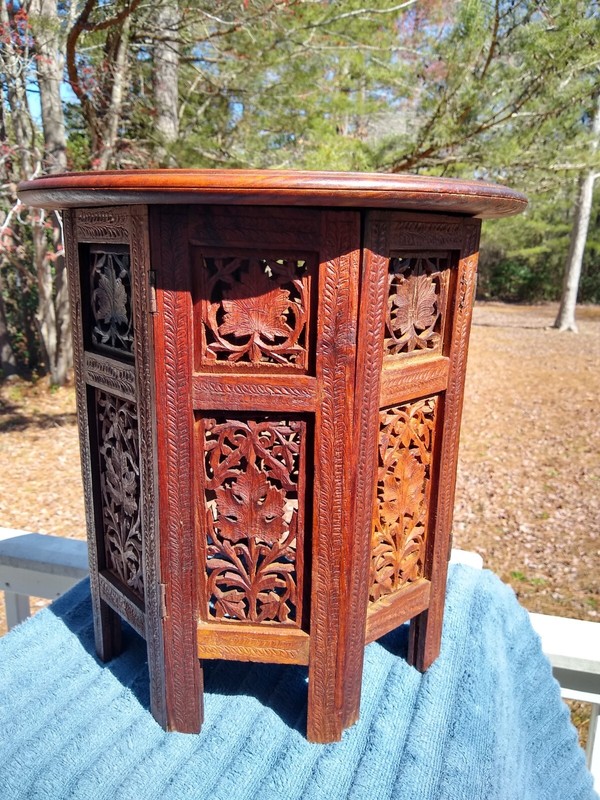 Amazing Antique Inlaid Beautifully Hand Carved Octagonal Indian Side Table gallery