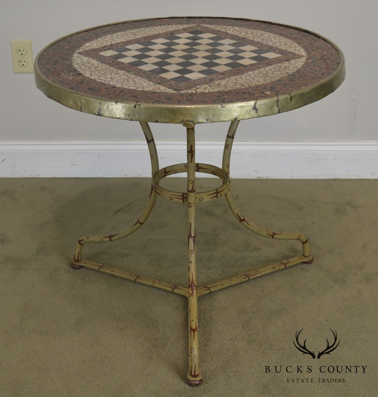 French Napoleonic Round Inlaid Stone Top Tole Painted Gueridon Gaming Table gallery