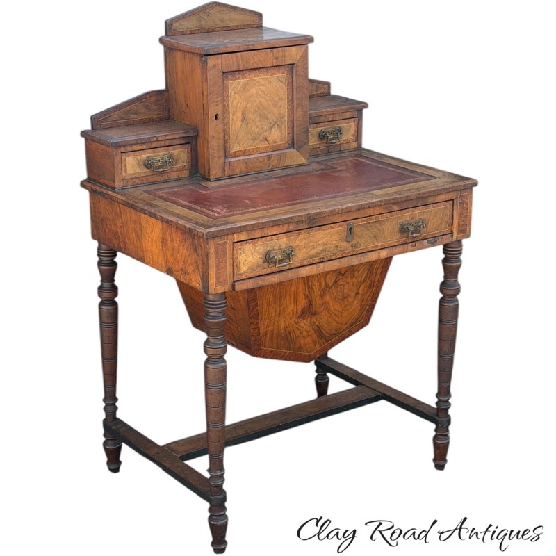 Antique victorian rosewood burl sewing table work stand leather top ladies gallery