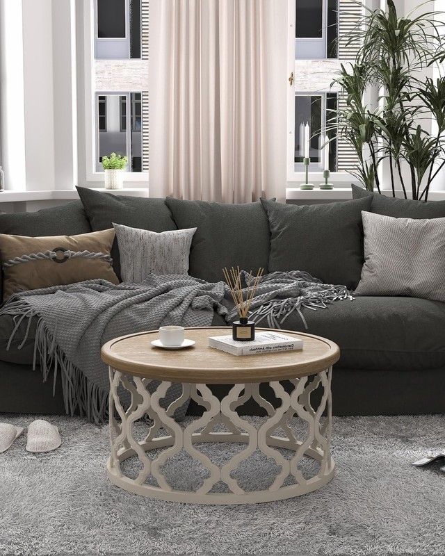 VONLUCE 30'' Farmhouse Round Coffee Table, Beige - Used gallery