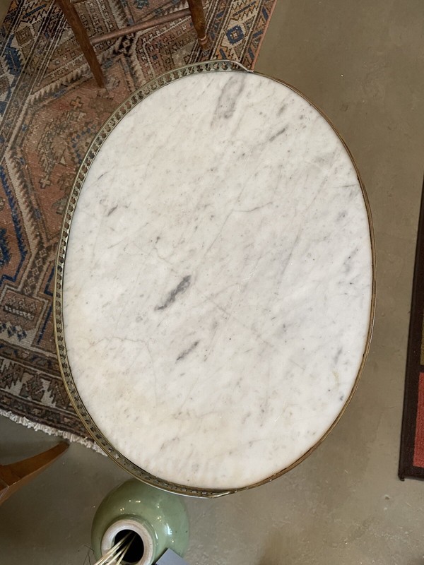 Early 19th Century French Oval Fruitwood Marble Top Side Table w/ Tambour Door gallery