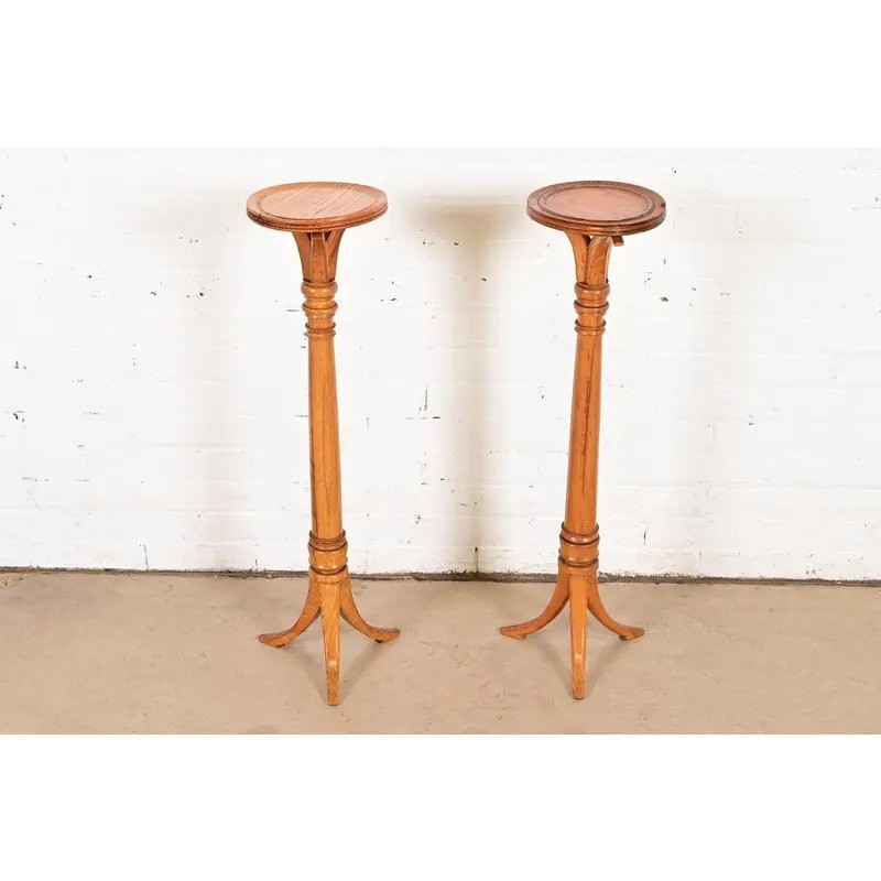 Regency Oak Torchieres or Pedestal Plant Stands, Circa 1940s gallery