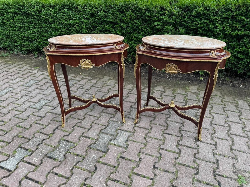 Side Tables French Louis XVI Early 20th C Mahogany Bronze Pink Marble Pair gallery