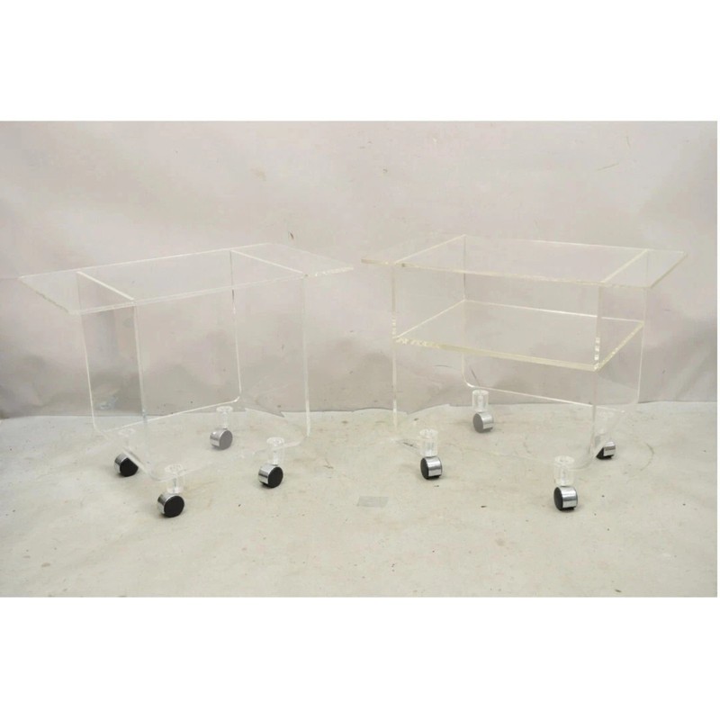 Vintage Clear Lucite Acrylic Mid Century Modern Rolling Side Tables - a Pair gallery