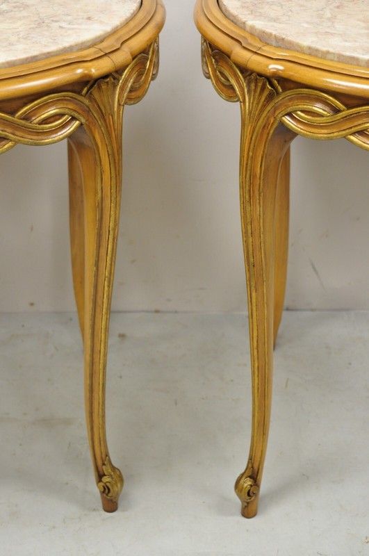 French Provincial Hollywood Regency Round Pink Marble Top Side Tables - a Pair gallery