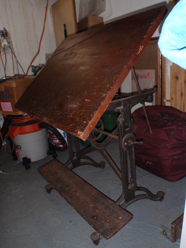 Adj. Vtg Antique Cast Iron Drafting Desk / Table Wooden top Keuffel & Esser gallery