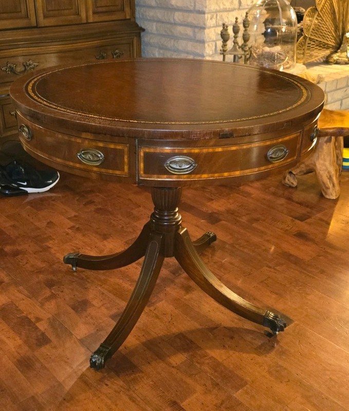Vtg federal style Stiehl Mahogany Drum Table 2 drawer & lion Feet Wheels