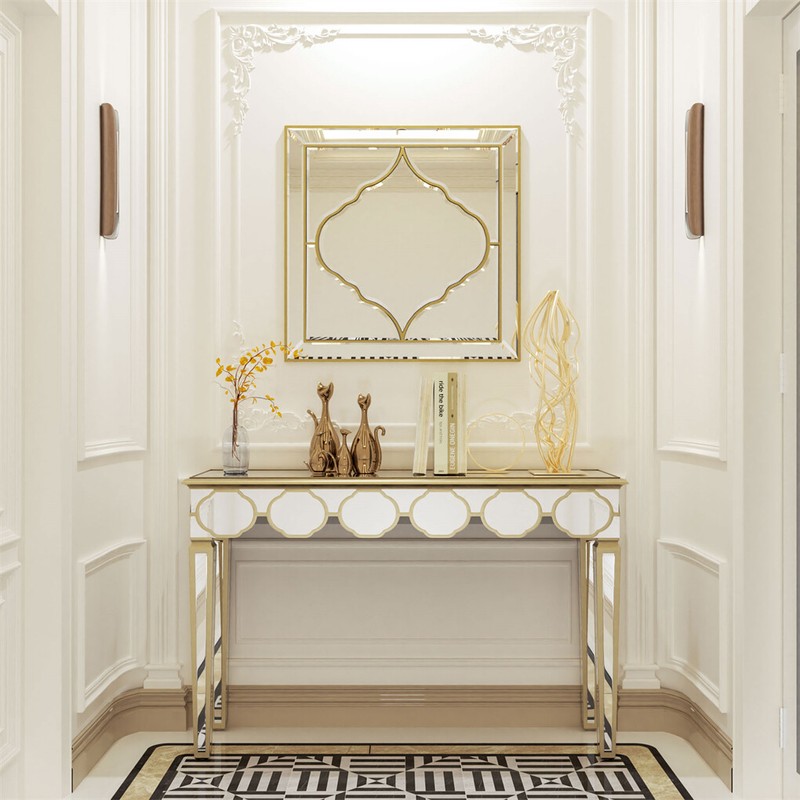1.2m Ultra Long Mirrored Console Table Gold Rim Lantern Pattern Entryway Table gallery